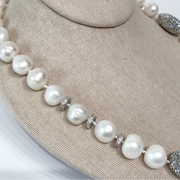Real 14mm Pearl Necklace Large CZ Clasp Pave Crystal 21" Hand Knotted Chunky VTG - Picture 14 of 15